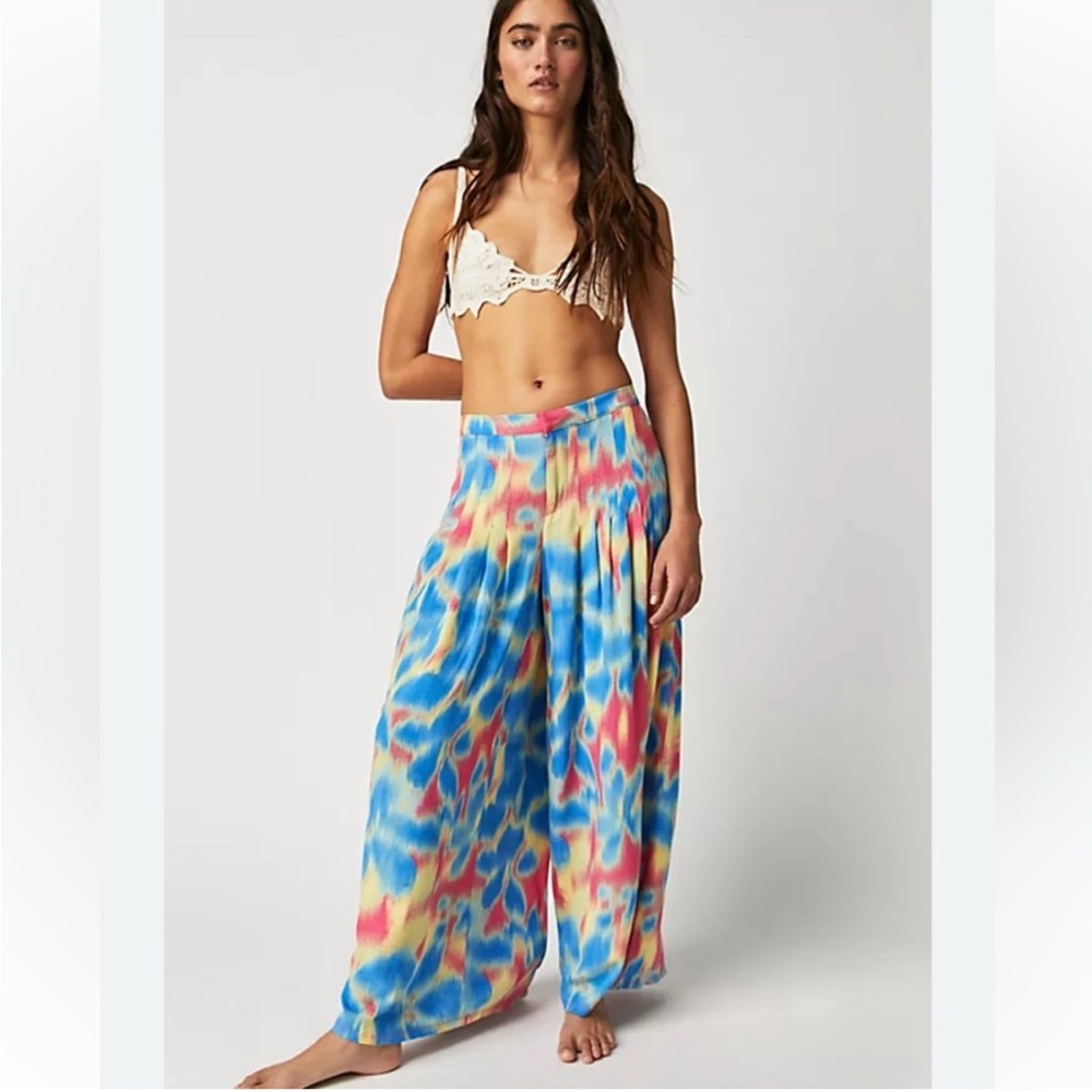 Free People Wide Leg Tie-Dye Satin Pants in Blue, Pink, Yellow